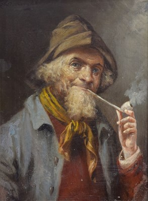 Lot 404 - Continental School, circa 1900 - Oil on panel - Portrait of an elderly bearded man smoking a pipe