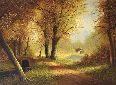 Lot 490 - Harry Sanders - Oil on canvas - Woodland Path