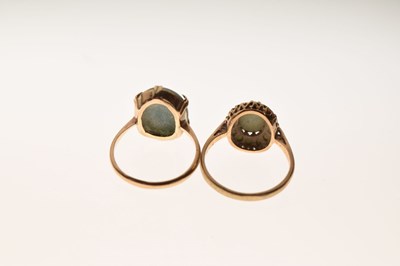 Lot 37 - Two 9ct gold green hardstone set dress rings