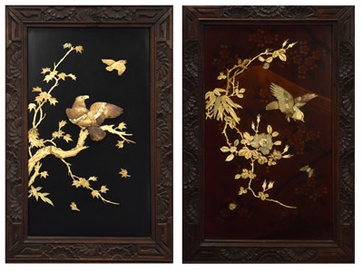 Lot 383 - Pair of early 20th Century Japanese bone inlaid lacquer panels