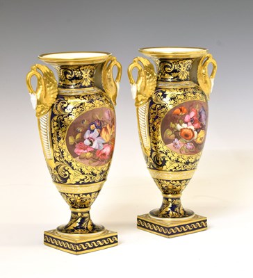 Lot 410 - Pair of Bloor Derby porcelain twin-handled pedestal vases