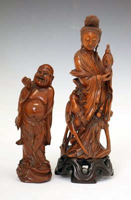 Lot 456 - Chinese carved boxwood figure of Guanyin with deer, and another figure