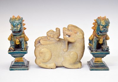 Lot 421 - Soapstone Fo Dog and pair of Chinese glazed dogs