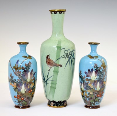 Lot 491 - Pair of Japanese Meiji period pale blue enamel vases and single celadon-green vase