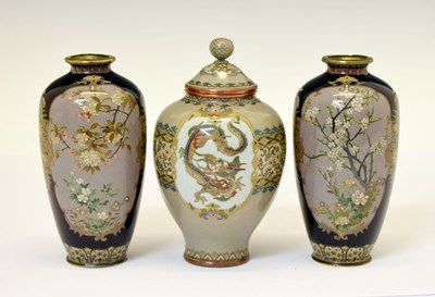 Lot 492 - Pair of Japanese Meiji period cloisonné vases and lidded pot