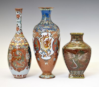 Lot 493 - Three Japanese aventurine ground cloisonné enamel vases