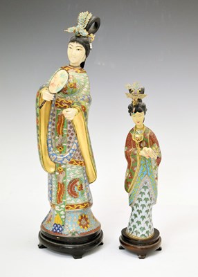 Lot 422 - Two cloisonné figures of women in dress robes