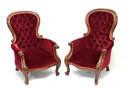 Lot 592 - Pair of Victorian deep-buttoned salon chairs