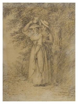 Lot 506 - 19th Century pencil sketch - Two ladies sheltering under a tree