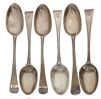 Lot 123 - Set of six Irish silver crested bright-cut Old-English pattern dessert spoons, Dublin (circa 1770)