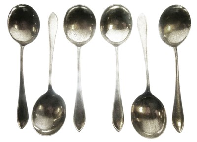 Lot 145 - Set of six silver Sandringham pattern soup spoons