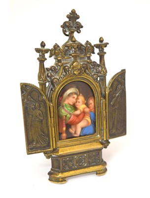 Lot 173 - Gilt metal triptych mounted porcelain plaque