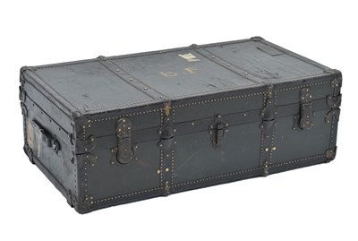 Lot 188 - Green and metal bound studded travelling trunk