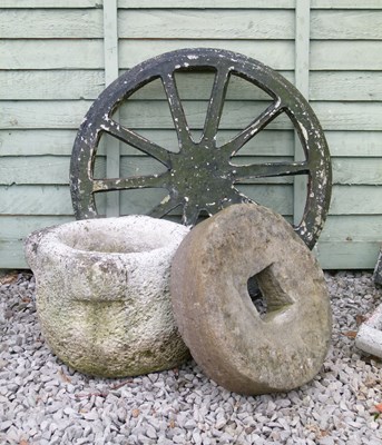 Lot 568 - Composite stone garden cart wheel,, etc.