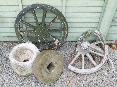 Lot 568 - Composite stone garden cart wheel,, etc.