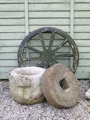 Lot 568 - Composite stone garden cart wheel,, etc.