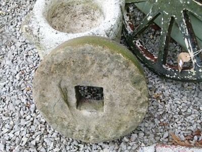 Lot 568 - Composite stone garden cart wheel,, etc.