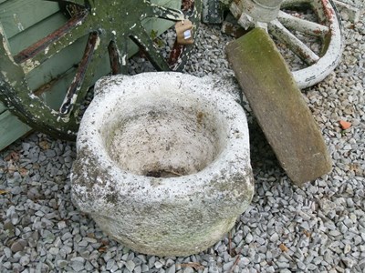 Lot 568 - Composite stone garden cart wheel,, etc.