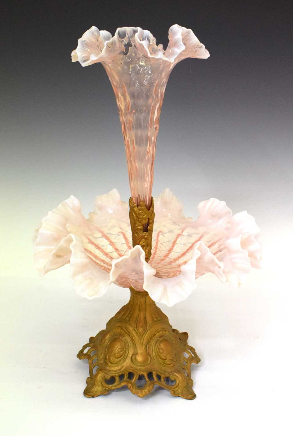 Lot 357 - Gilt metal and pink glass epergne