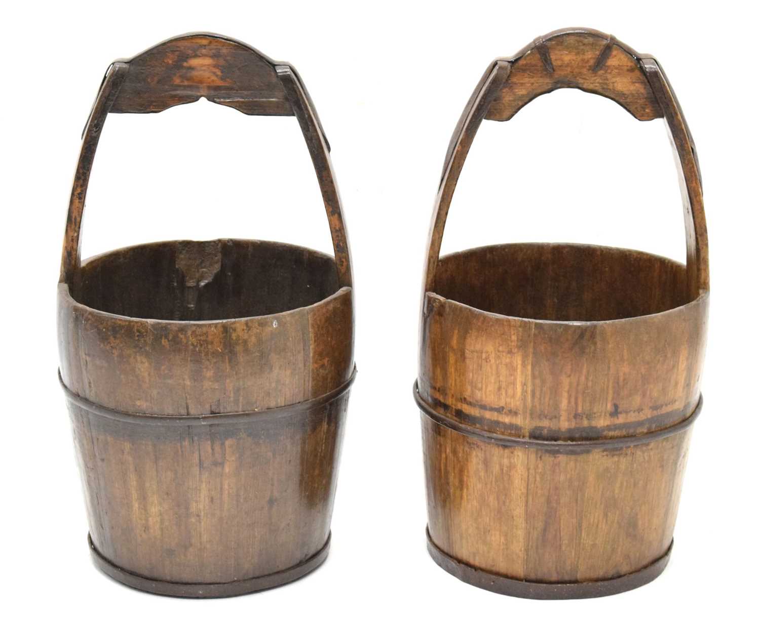 Lot 397 - Near pair of Chinese wooden rice buckets