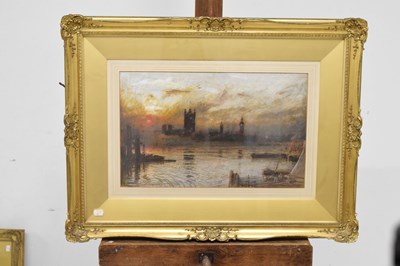 Lot 535 - Albert Goodwin R.W.S. (British, 1845-1932) - Watercolour - 'Westminster, Sunset Through The Smoke'