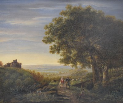 Lot 540 - 19th Century English school - Oil on canvas - Figures on horseback beside Canterbury Castle