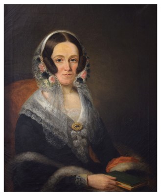 Lot 598 - Early Victorian - Oil on canvas - Portrait of a lady holding a book