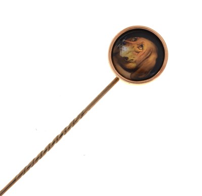 Lot 53 - William Essex, (1784-1869) - Victorian ceramic panel stick pin of a Bloodhound dog