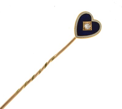 Lot 54 - An enamel and diamond set heart stick pin
