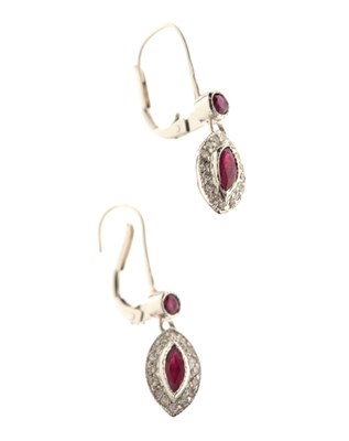 Lot 86 - 9ct white gold ruby and diamond drop earrings