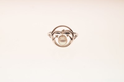 Lot 45 - 9ct white gold dress ring, set a freshwater pearl and three small diamonds