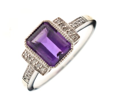 Lot 50 - 9ct white gold, step-cut amethyst and diamond cluster ring