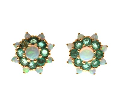 Lot 153 - 9ct gold, opal and emerald cluster ear studs