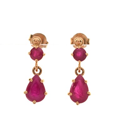 Lot 158 - 9ct gold, ruby drop earrings