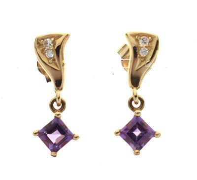 Lot 162 - 9ct gold, amethyst and diamond drop earrings