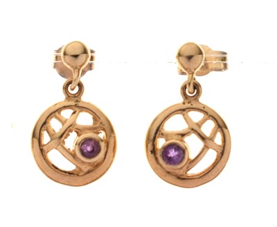 Lot 164 - 9ct gold circular drop earrings set a small amethyst