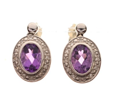 Lot 166 - 9ct white gold, amethyst and diamond drop earrings