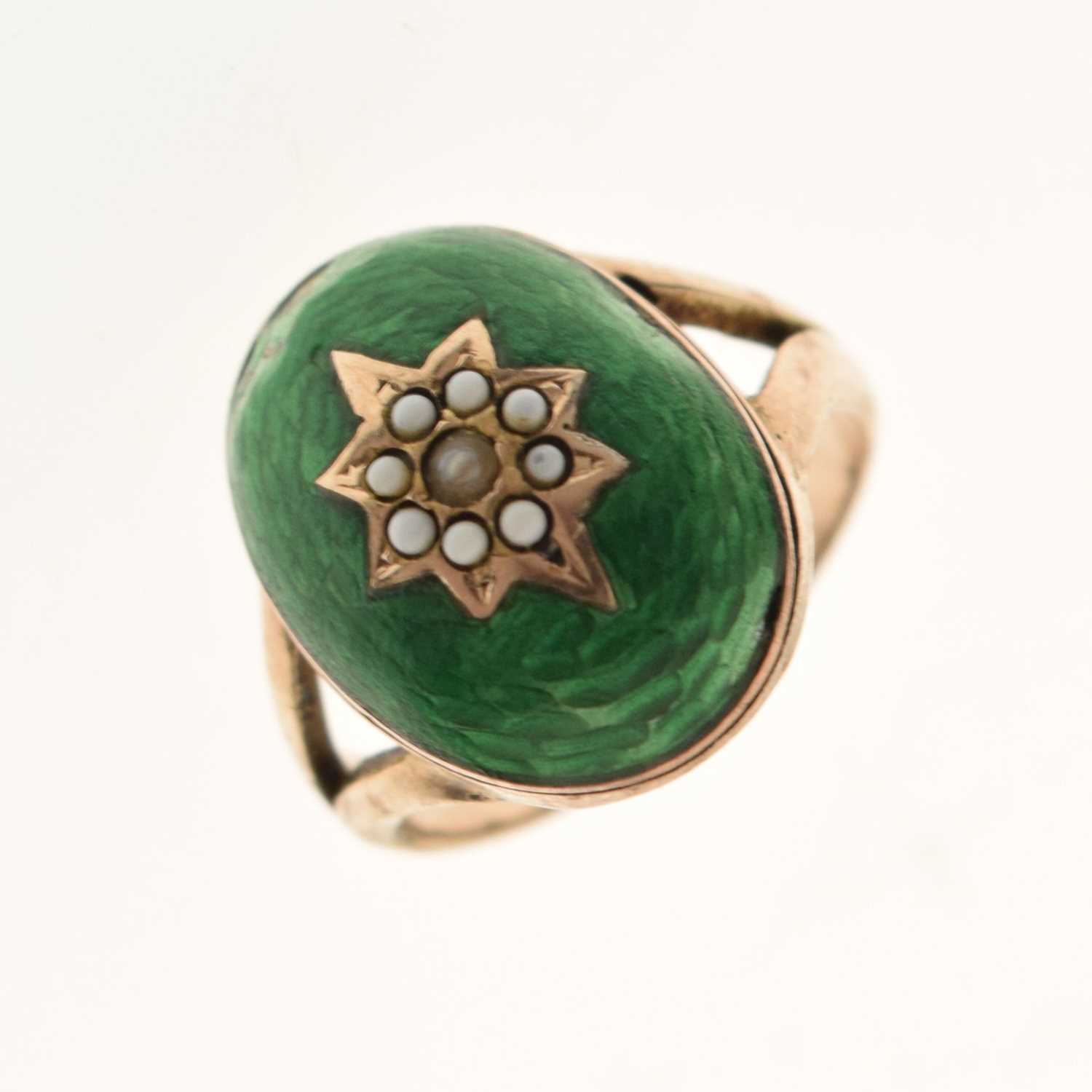 Lot 2 - Green enamel and seed pearl ring