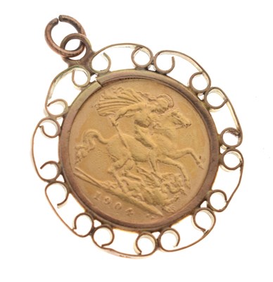 Lot 150 - Edward VII half gold sovereign 1904, in pendant mount