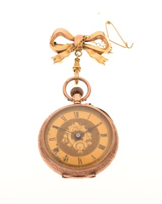 Lot 201 - Lady's 9ct fob watch with ribbon bar brooch