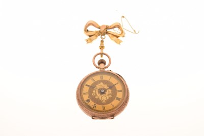 Lot 201 - Lady's 9ct fob watch with ribbon bar brooch