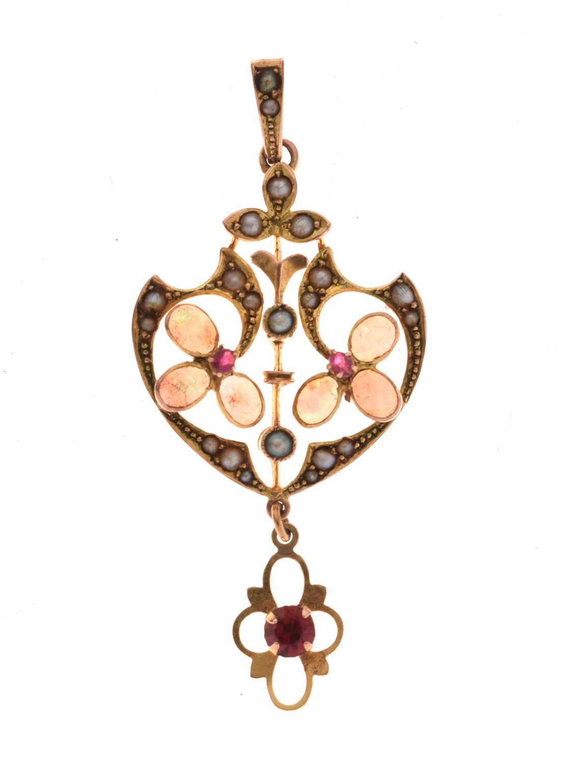Lot 31 - Edwardian opal, seed pearl and ruby pendant