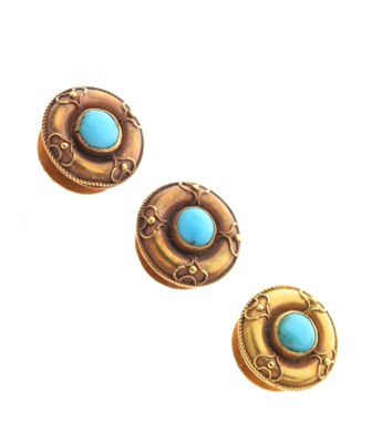 Lot 170 - Cased set of three yellow metal and turquoise collar studs