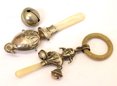 Lot 213 - George V silver child's 'jester' teether and 'Chick & Egg' rattle