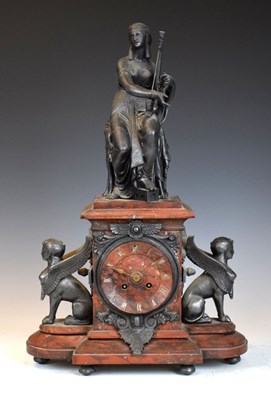 Lot 545 - 19th Century French Egyptian Revival rouge marble and spelter mantel clock