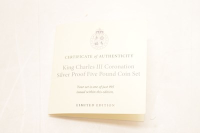 Lot 253 - Limited edition King Charles III Coronation silver proof Five Pound coin set