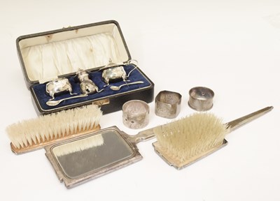 Lot 219 - George V cased three-piece condiment set, three-piece silver backed dressing table set, etc