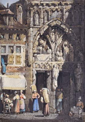 Lot 530 - Samuel Prout (1783-1852) - Watercolour - Figures on a street with cathedral facade