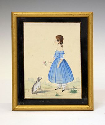 Lot 572 - Early to mid 19th Century watercolour miniature of a young lady with dog