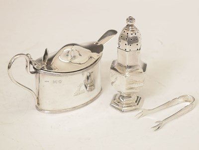 Lot 215 - Small group of silver; mustard, pepperette, and tongs